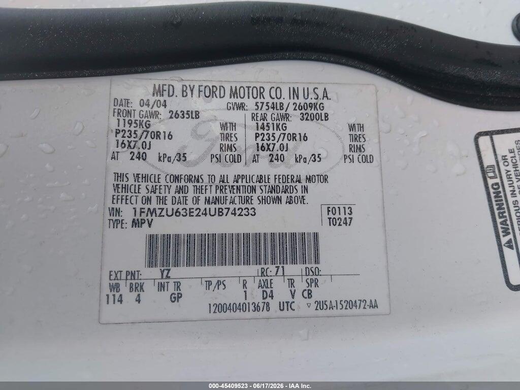 1FMZU63E24UB74233 2004 FORD EXPLORER photo no. 9