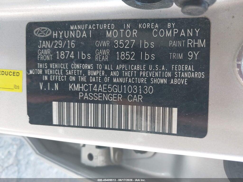 KMHCT4AE5GU103130 2016 HYUNDAI ACCENT photo no. 9