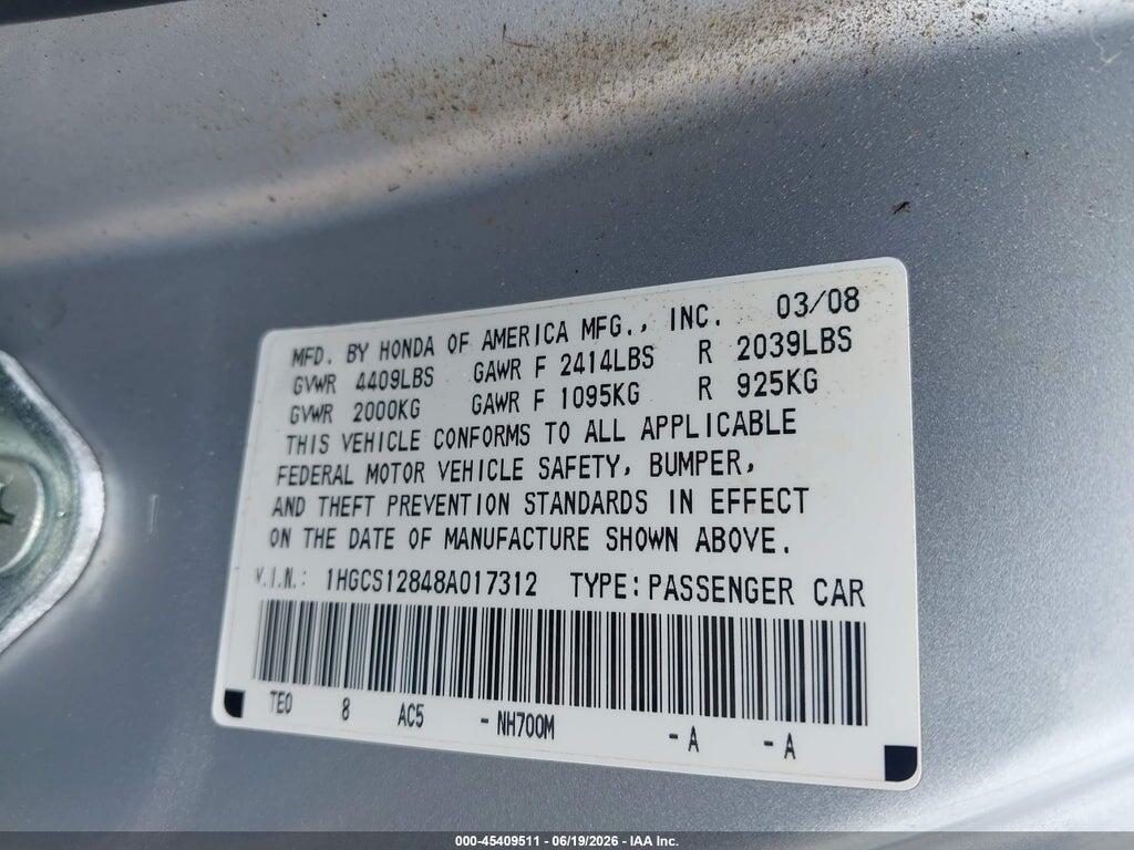 1HGCS12848A017312 2008 HONDA ACCORD photo no. 9
