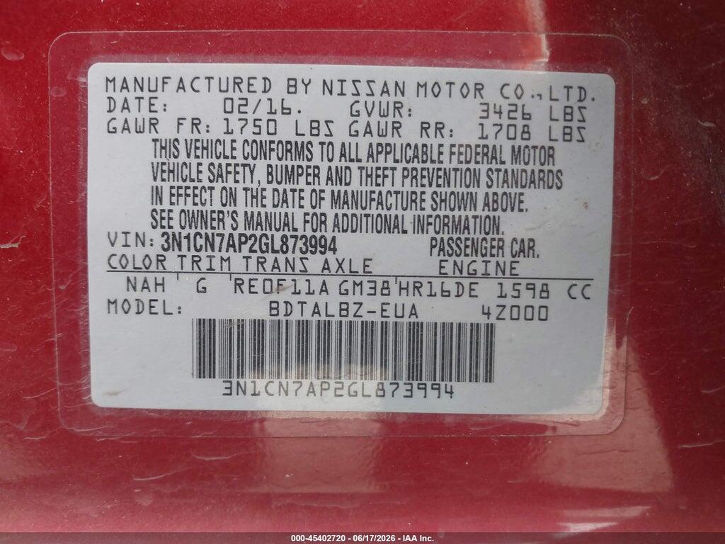 3N1CN7AP2GL873994 2016 NISSAN VERSA photo no. 9