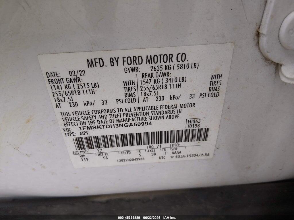 1FMSK7DH3NGA50994 2022 FORD EXPLORER photo no. 9