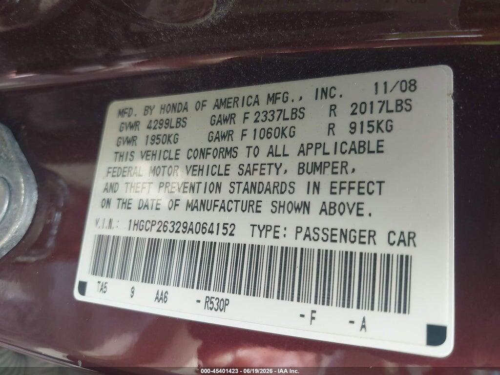 1HGCP26329A064152 2009 HONDA ACCORD photo no. 9