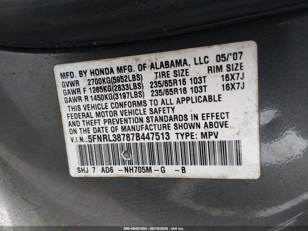 5FNRL38787B447513 2007 HONDA ODYSSEY photo no. 9