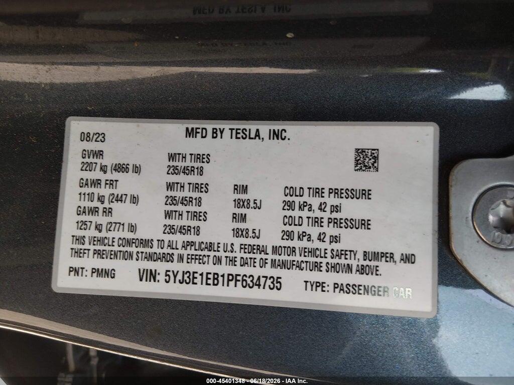 5YJ3E1EB1PF634735 2023 TESLA MODEL 3 photo no. 9