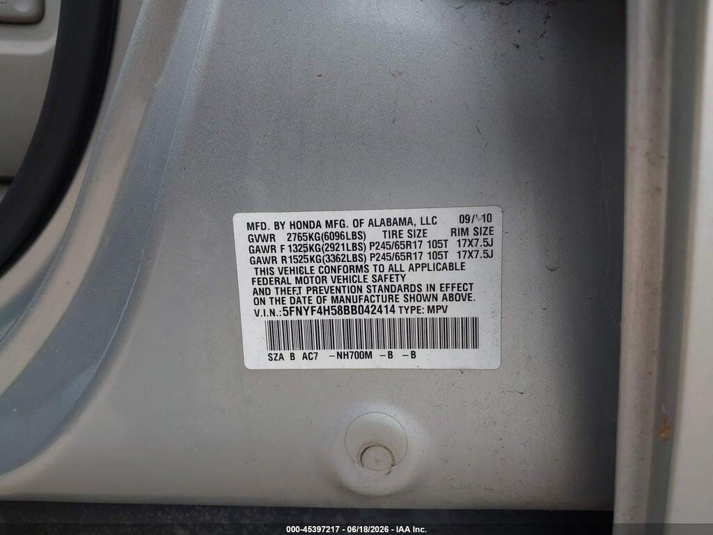 5FNYF4H58BB042414 2011 HONDA PILOT photo no. 9