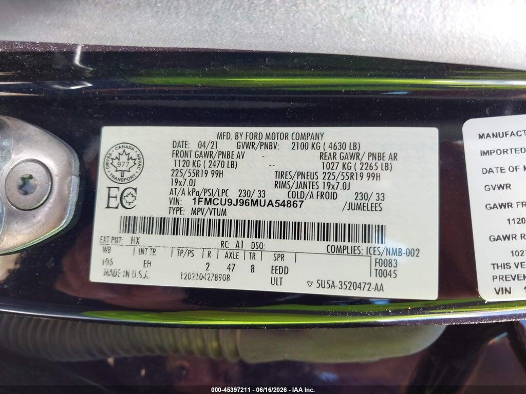 1FMCU9J96MUA54867 2021 FORD ESCAPE photo no. 9