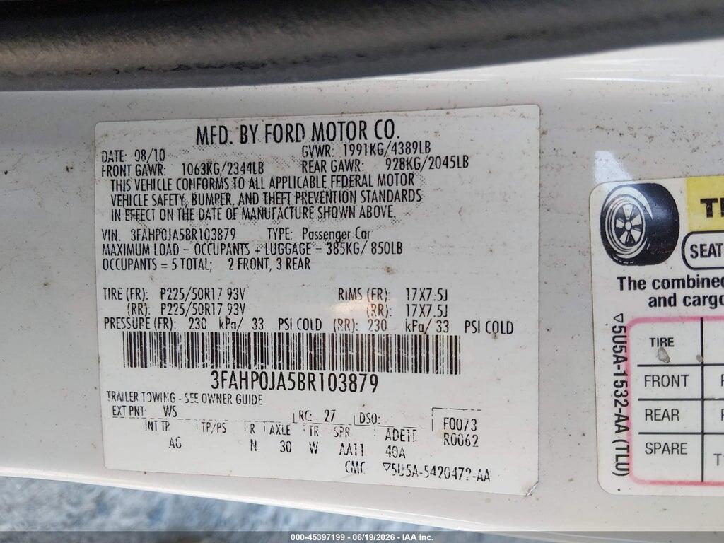3FAHP0JA5BR103879 2011 FORD FUSION photo no. 9