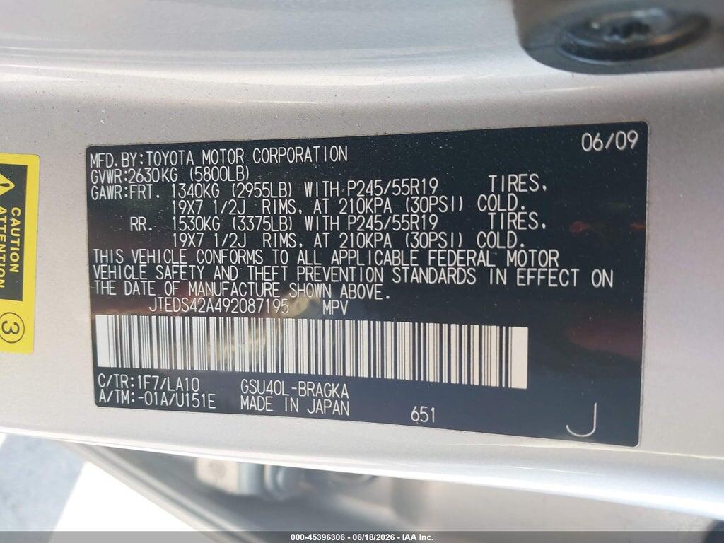 JTEDS42A492087195 2009 TOYOTA HIGHLANDER photo no. 9