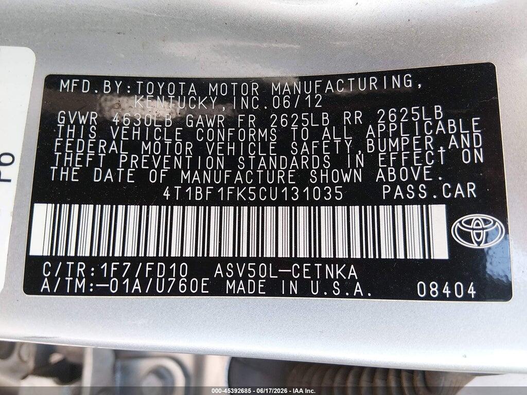 4T1BF1FK5CU131035 2012 TOYOTA CAMRY photo no. 9