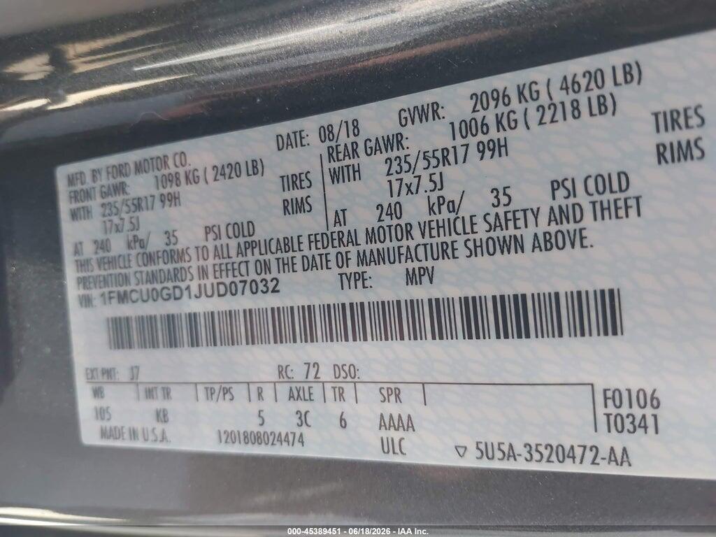 1FMCU0GD1JUD07032 2018 FORD ESCAPE photo no. 9