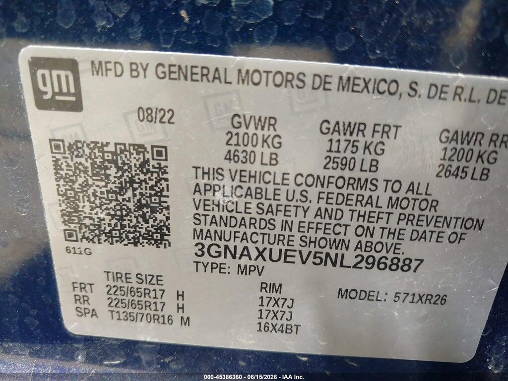 3GNAXUEV5NL296887 2022 CHEVROLET EQUINOX photo no. 9