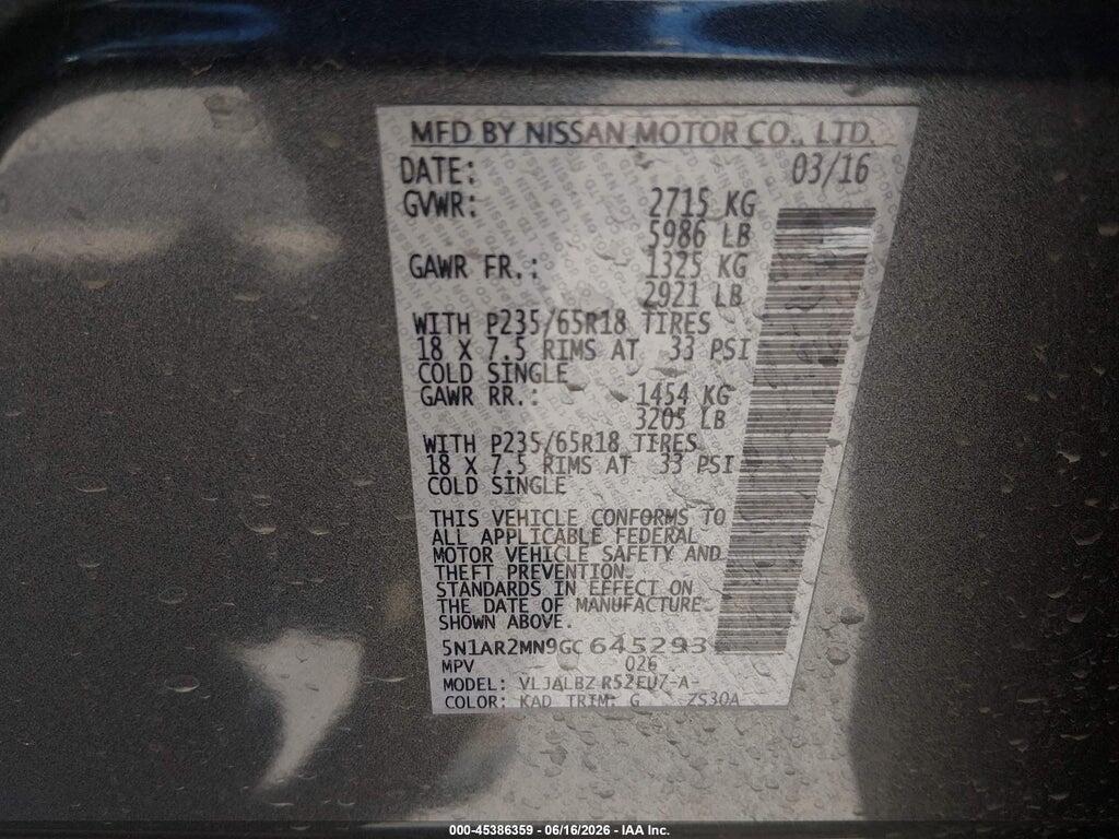 5N1AR2MN9GC645293 2016 NISSAN PATHFINDER photo no. 9
