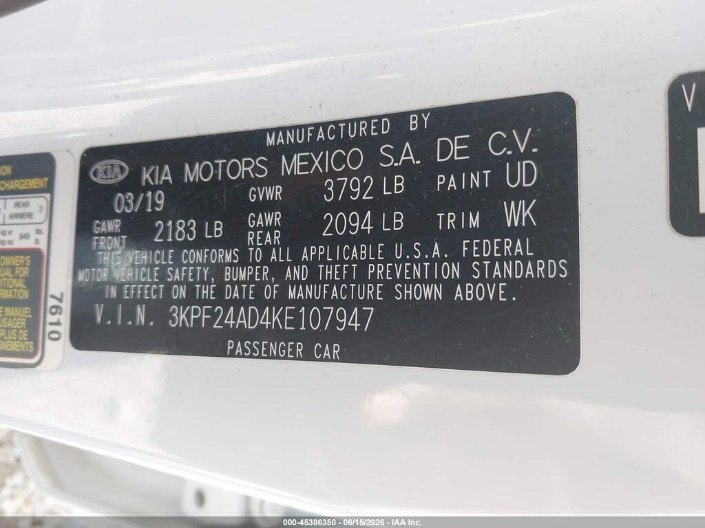 3KPF24AD4KE107947 2019 KIA FORTE photo no. 9