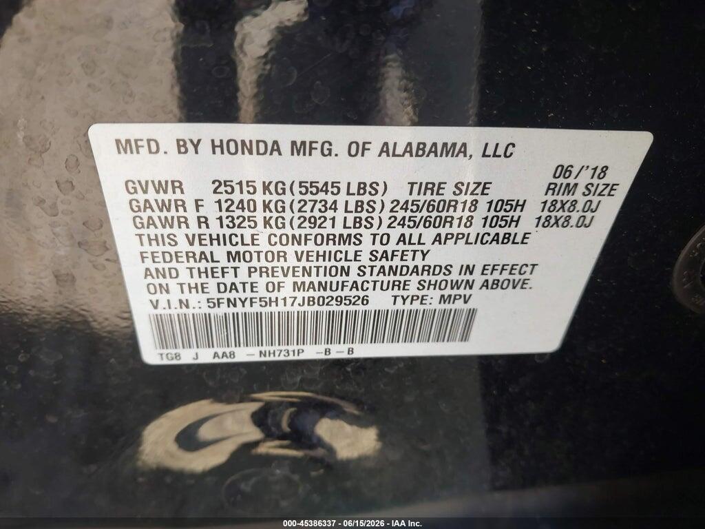 5FNYF5H17JB029526 2018 HONDA PILOT photo no. 9