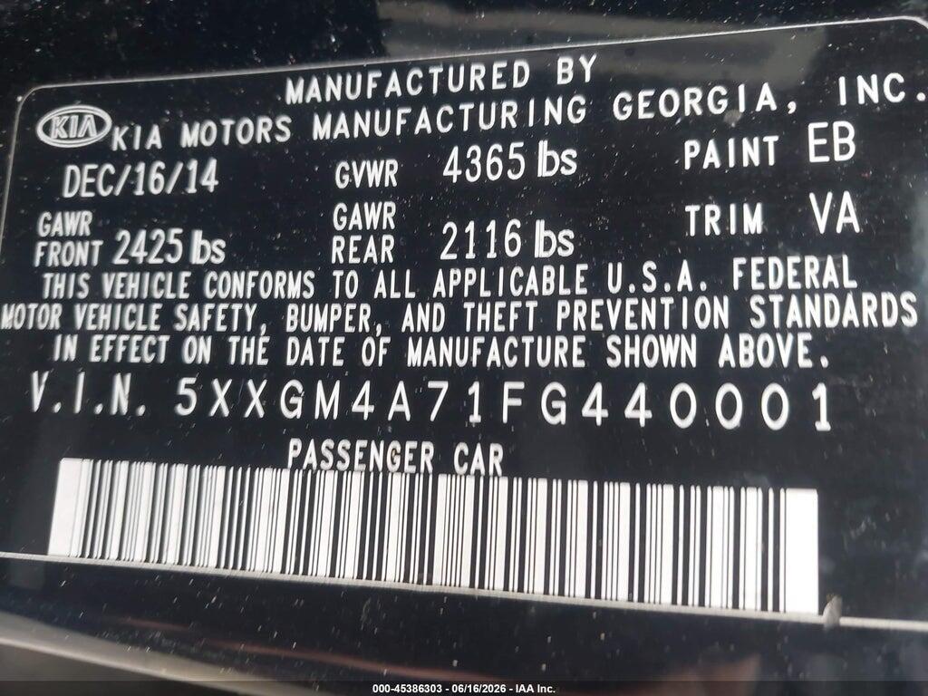 5XXGM4A71FG440001 2015 KIA OPTIMA photo no. 9