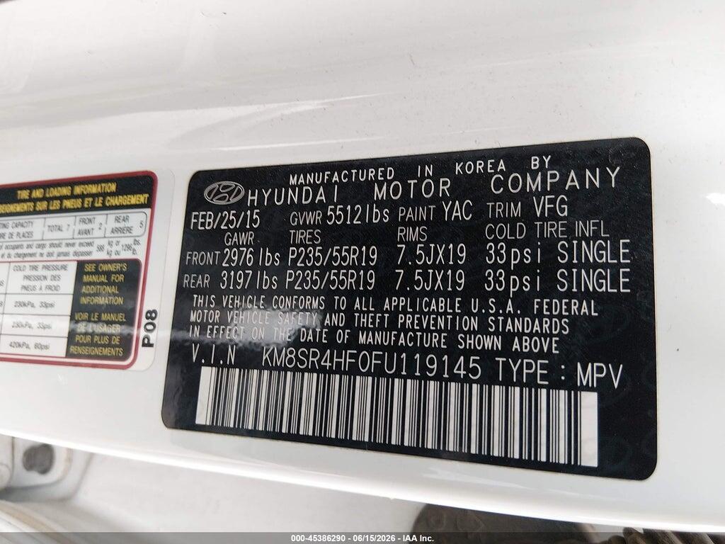 KM8SR4HF0FU119145 2015 HYUNDAI SANTA FE photo no. 9