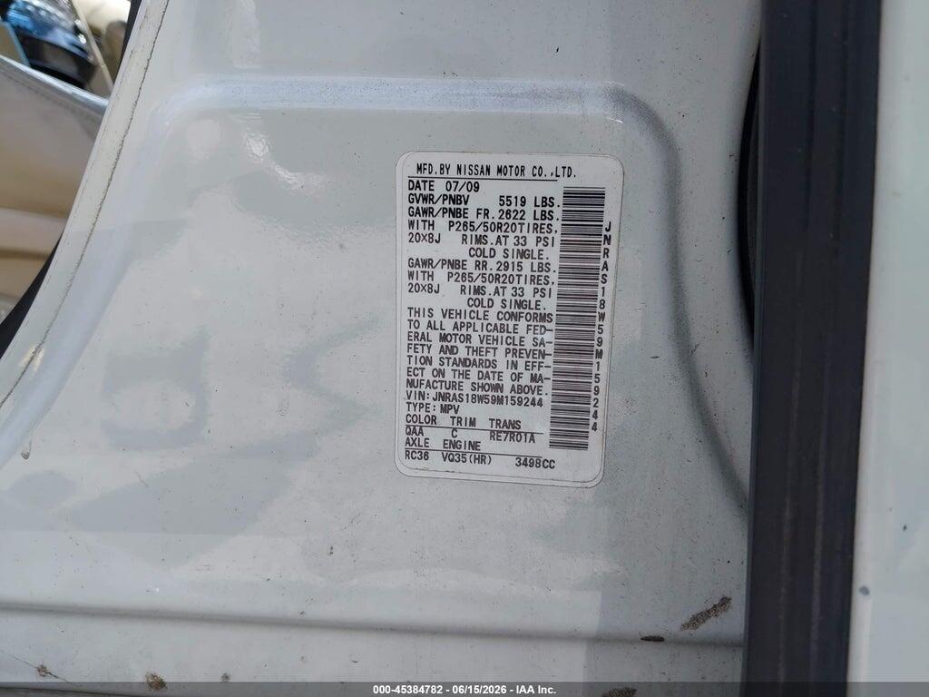 JNRAS18W59M159244 2009 INFINITI FX35 photo no. 9
