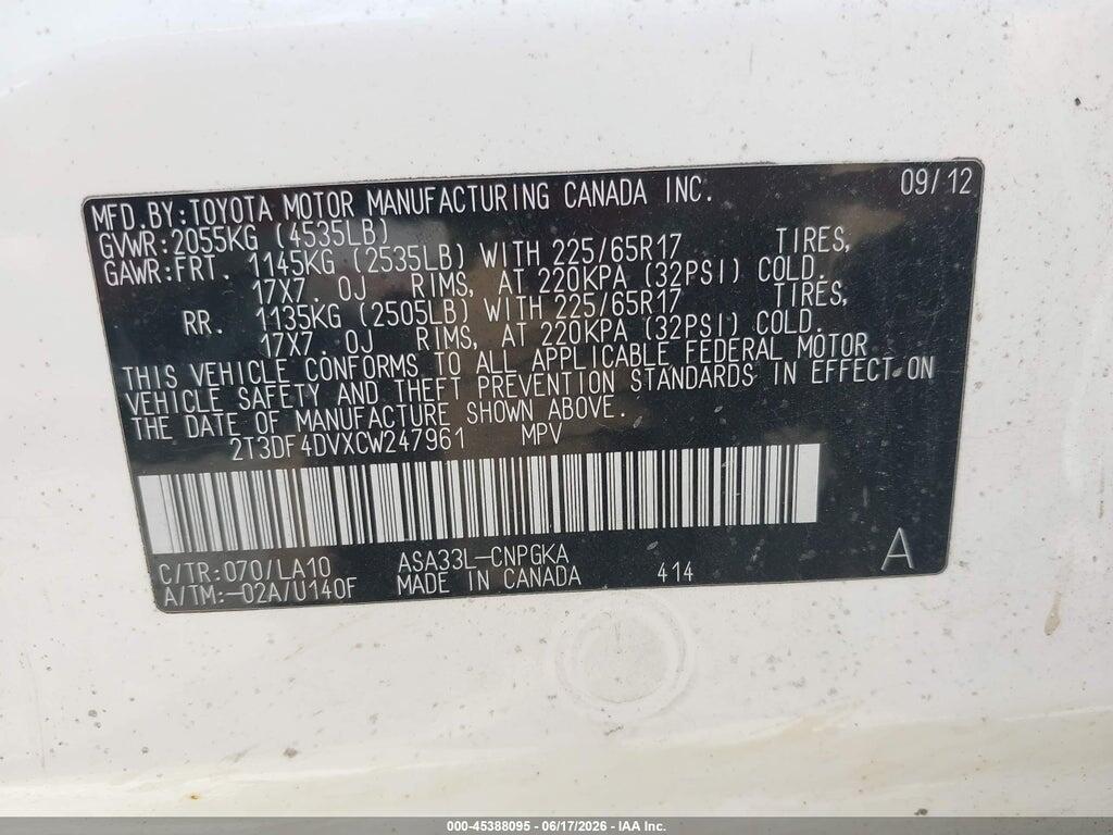 2T3DF4DVXCW247961 2012 TOYOTA RAV4 photo no. 9