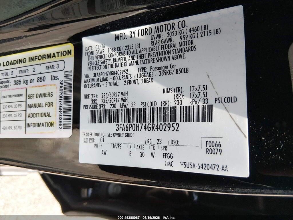 3FA6P0H74GR402952 2016 FORD FUSION photo no. 9