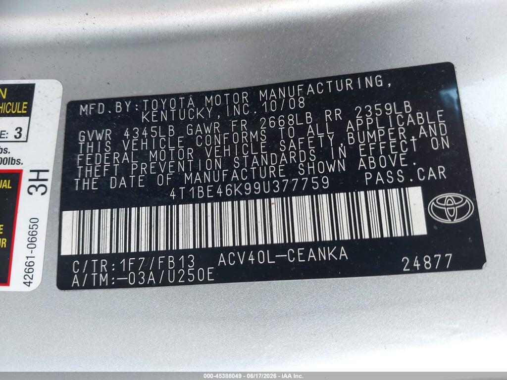 4T1BE46K99U377759 2009 TOYOTA CAMRY photo no. 9