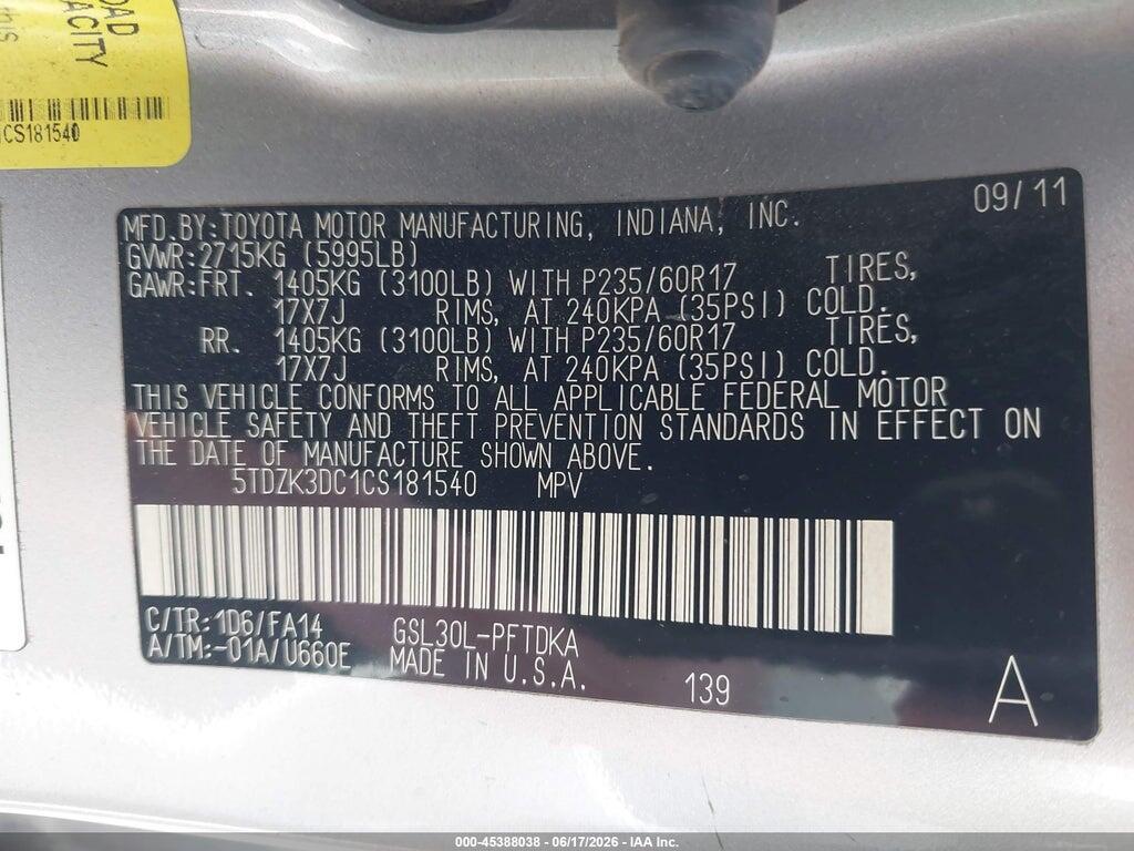 5TDZK3DC1CS181540 2012 TOYOTA SIENNA photo no. 9