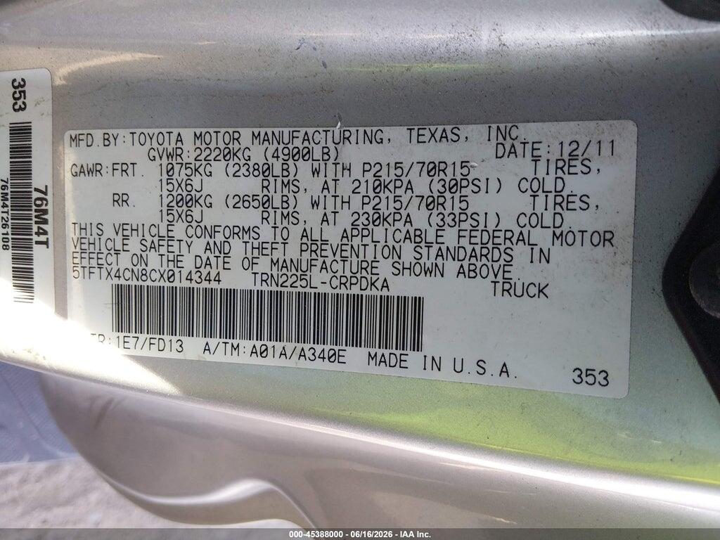 5TFTX4CN8CX014344 2012 TOYOTA TACOMA photo no. 9