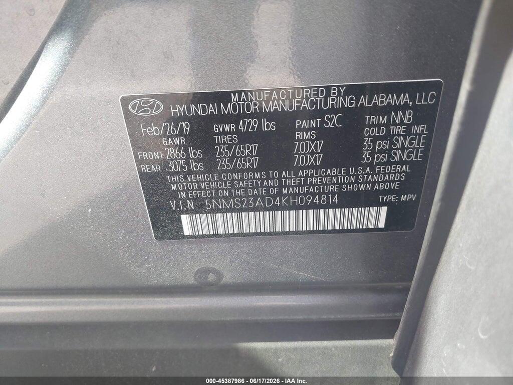 5NMS23AD4KH094814 2019 HYUNDAI SANTA FE photo no. 9