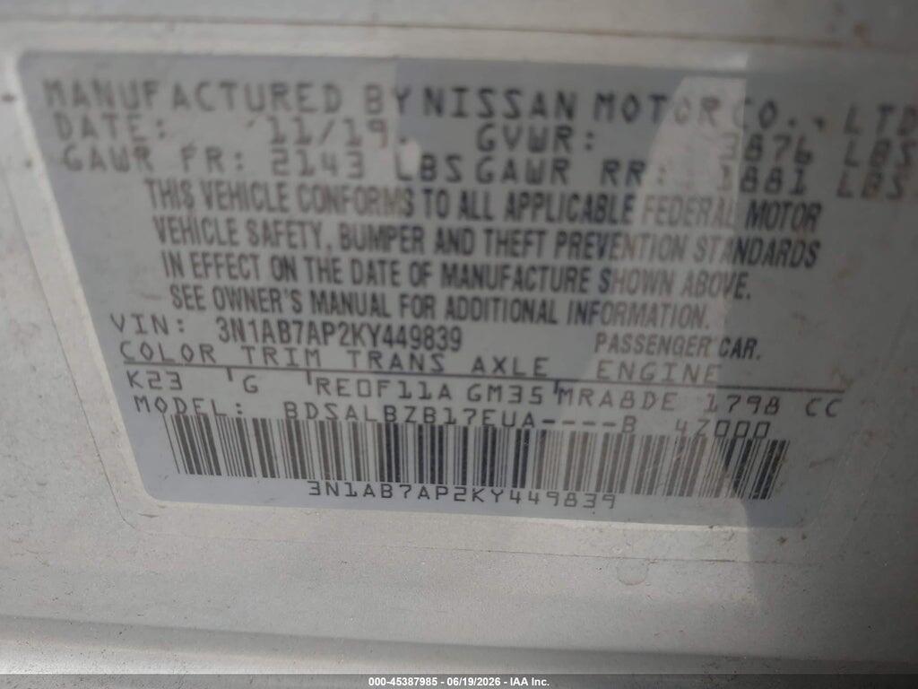 3N1AB7AP2KY449839 2019 NISSAN SENTRA photo no. 9