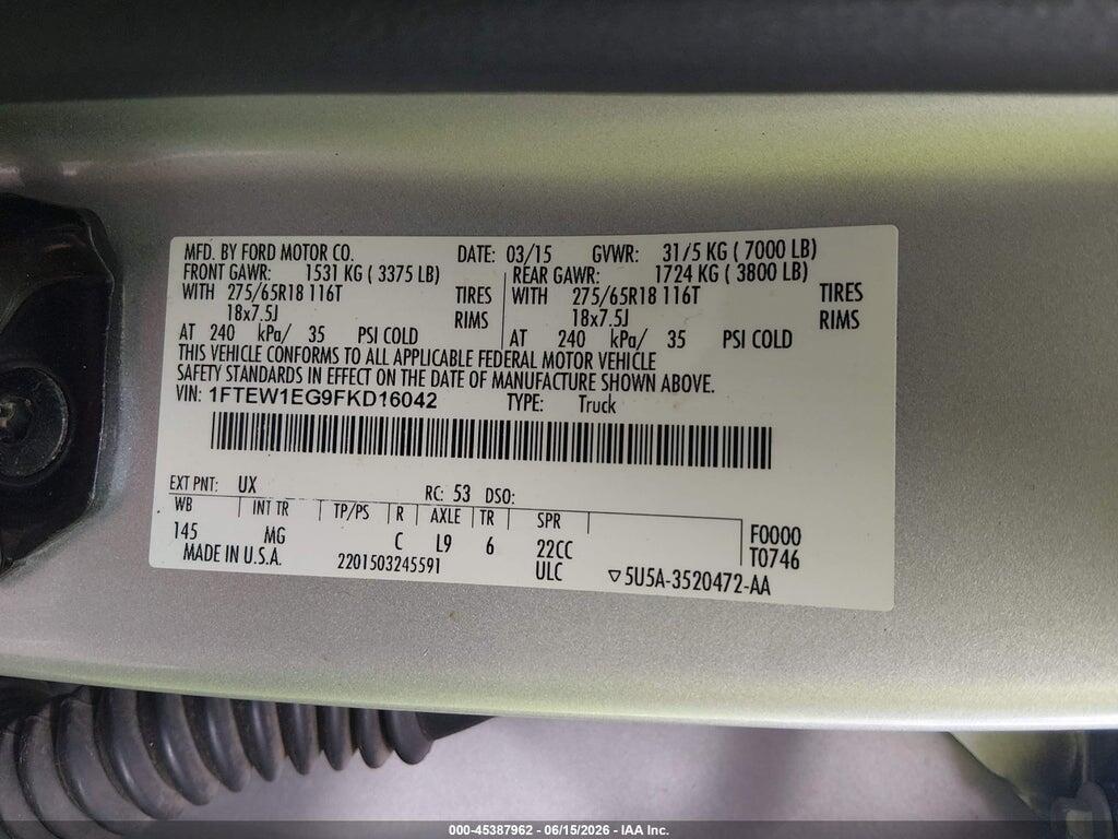1FTEW1EG9FKD16042 2015 FORD F-150 photo no. 9