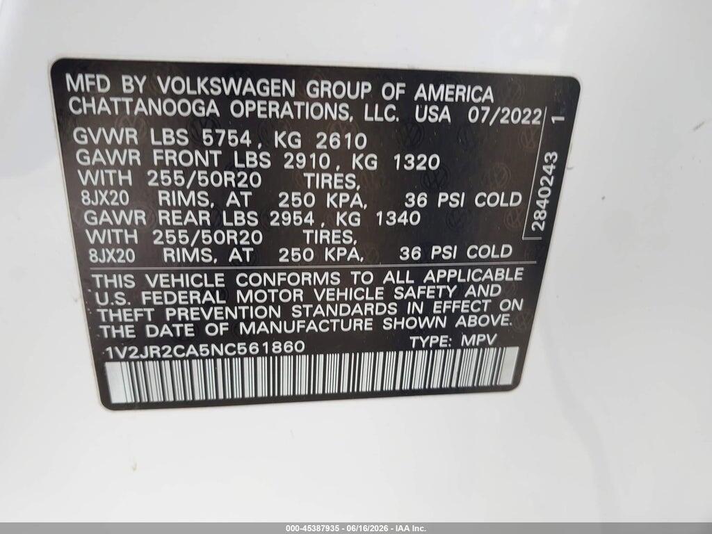 1V2JR2CA5NC561860 2022 VOLKSWAGEN ATLAS photo no. 9