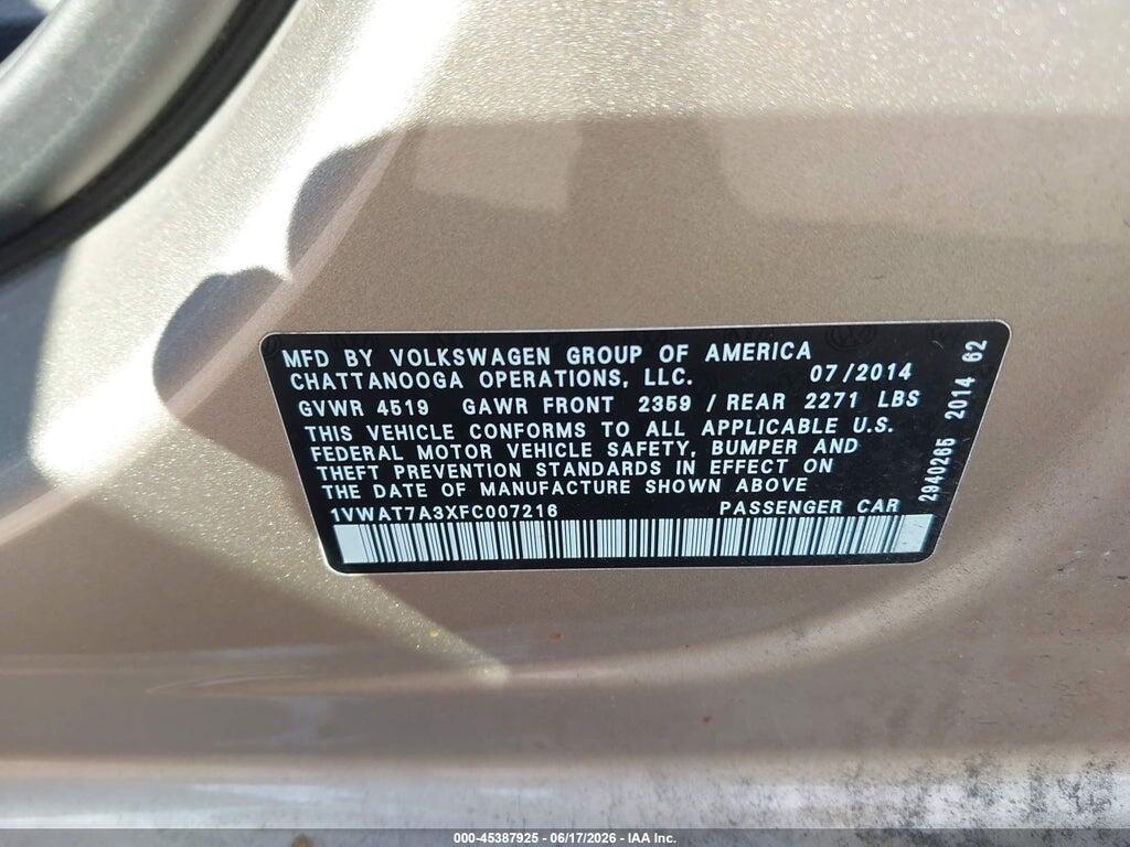 1VWAT7A3XFC007216 2015 VOLKSWAGEN PASSAT photo no. 9