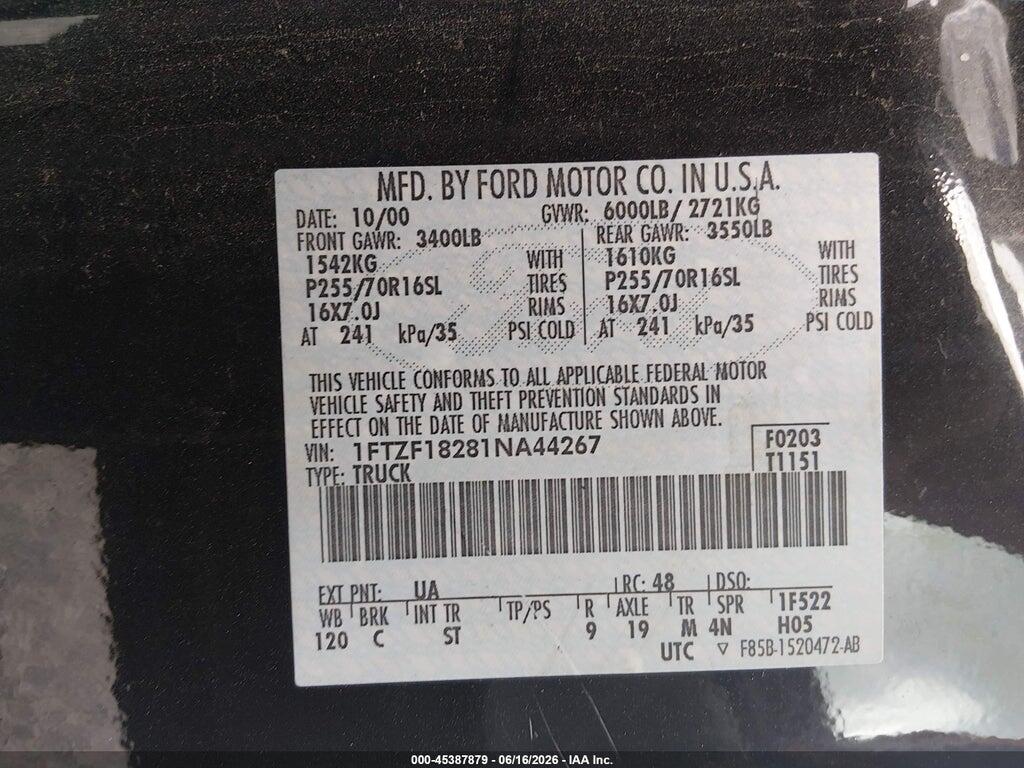 1FTZF18281NA44267 2001 FORD F-150 photo no. 9