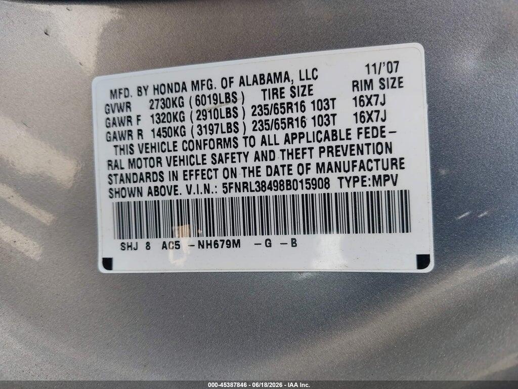 5FNRL38498B015908 2008 HONDA ODYSSEY photo no. 9