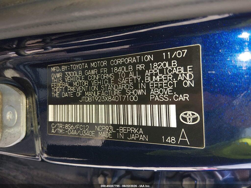 JTDBT923X84017100 2008 TOYOTA YARIS photo no. 9