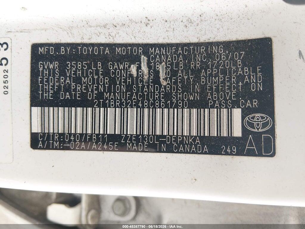 2T1BR32E48C861790 2008 TOYOTA COROLLA photo no. 9