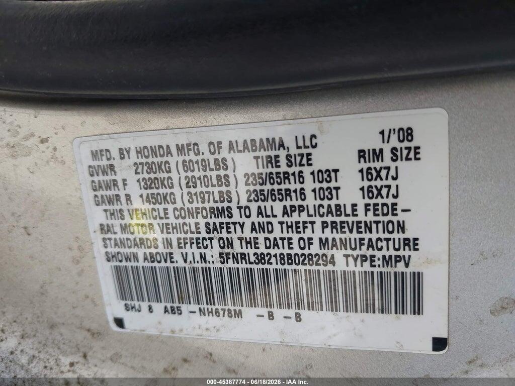 5FNRL38218B028294 2008 HONDA ODYSSEY photo no. 9