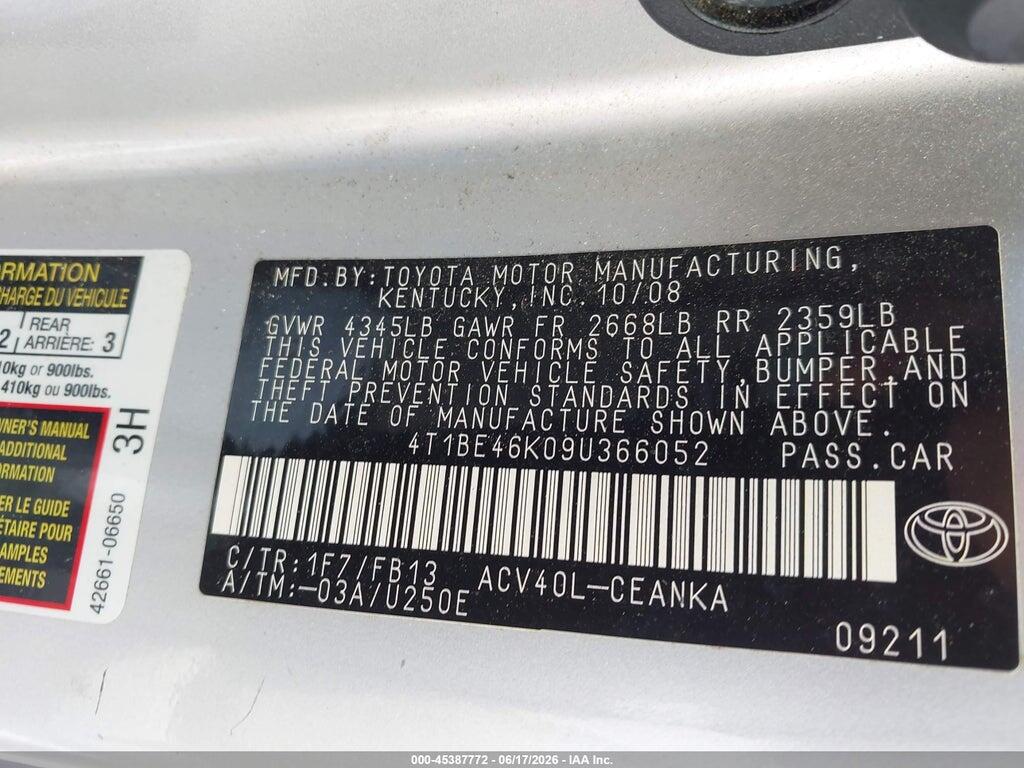 4T1BE46K09U366052 2009 TOYOTA CAMRY photo no. 9
