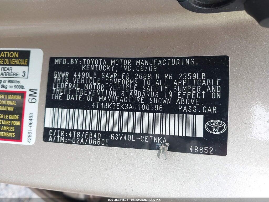 4T1BK3EK3AU100596 2010 TOYOTA CAMRY photo no. 9