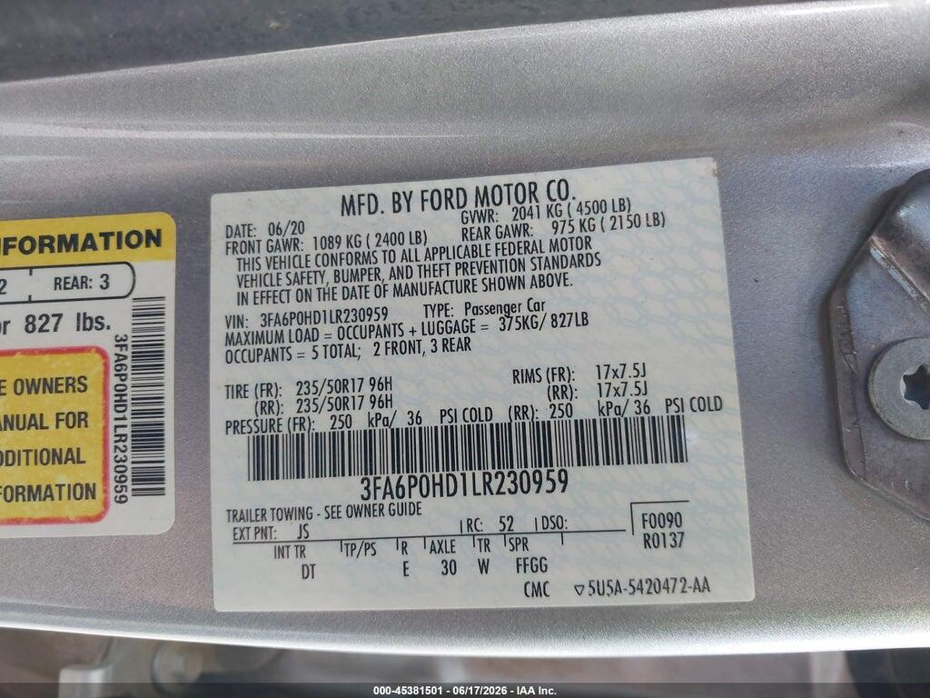 3FA6P0HD1LR230959 2020 FORD FUSION photo no. 9