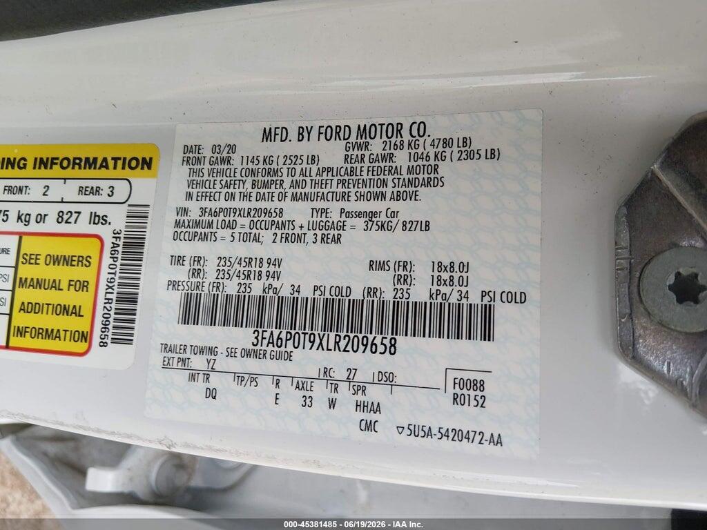3FA6P0T9XLR209658 2020 FORD FUSION photo no. 9