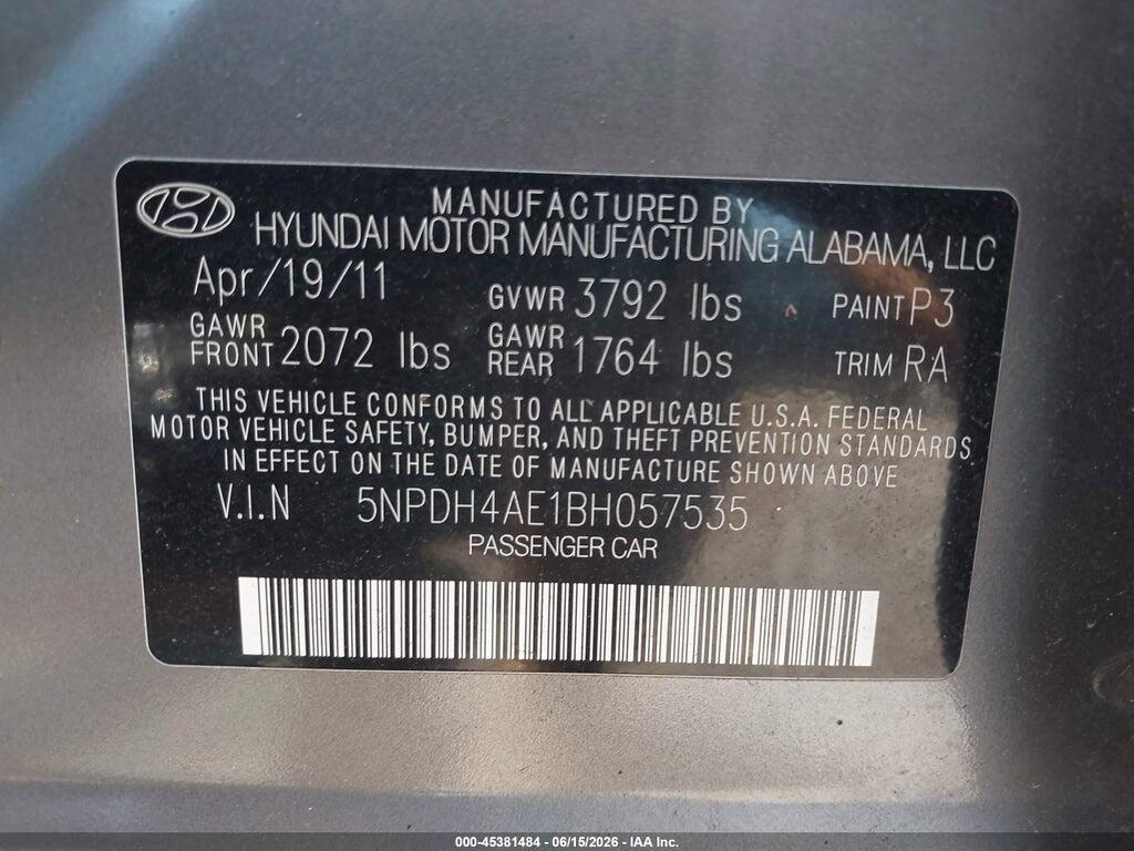 5NPDH4AE1BH057535 2011 HYUNDAI ELANTRA photo no. 9