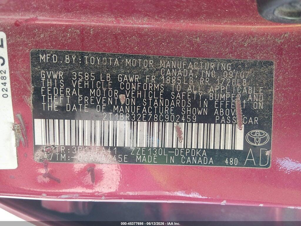 2T1BR32E78C902459 2008 TOYOTA COROLLA photo no. 9