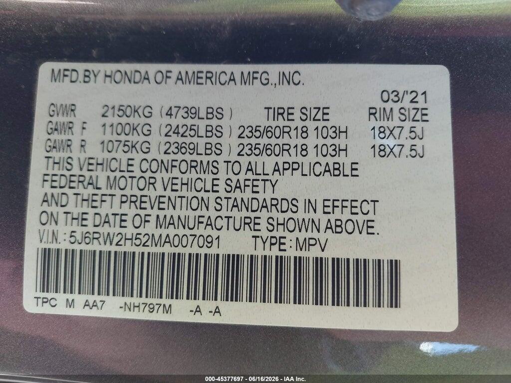 5J6RW2H52MA007091 2021 HONDA CR-V photo no. 9