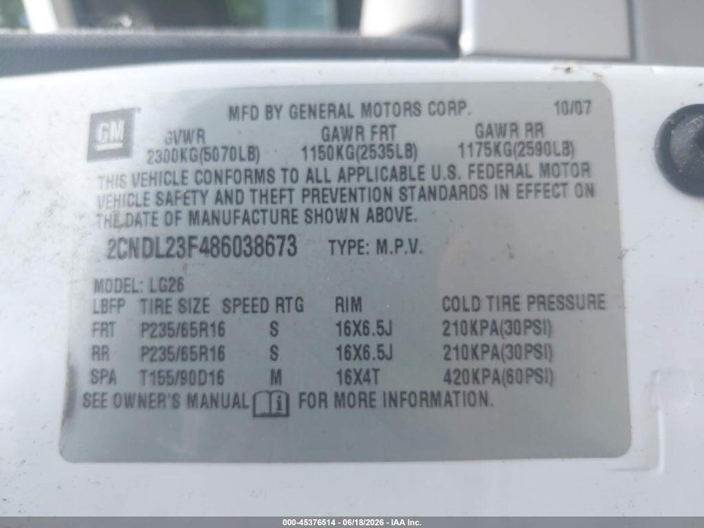 2CNDL23F486038673 2008 CHEVROLET EQUINOX photo no. 9