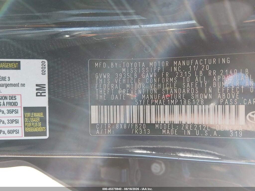 5YFEPMAE1MP186128 2021 TOYOTA COROLLA photo no. 9