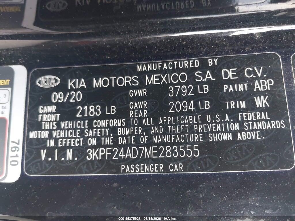 3KPF24AD7ME283555 2021 KIA FORTE photo no. 9