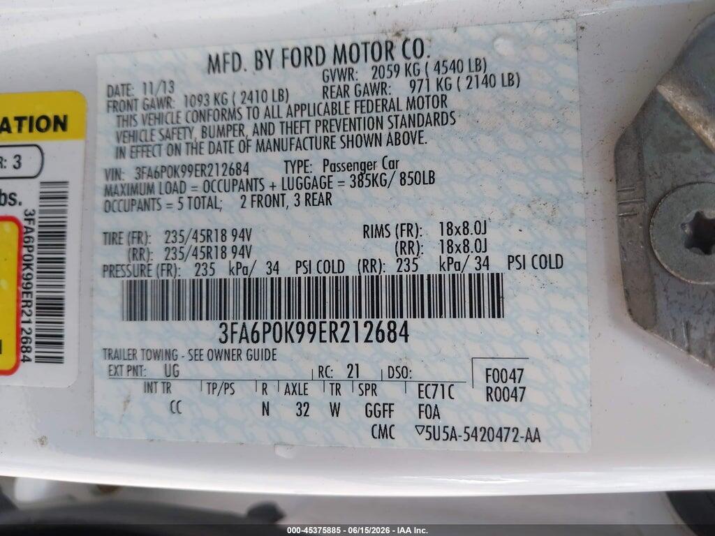 3FA6P0K99ER212684 2014 FORD FUSION photo no. 9