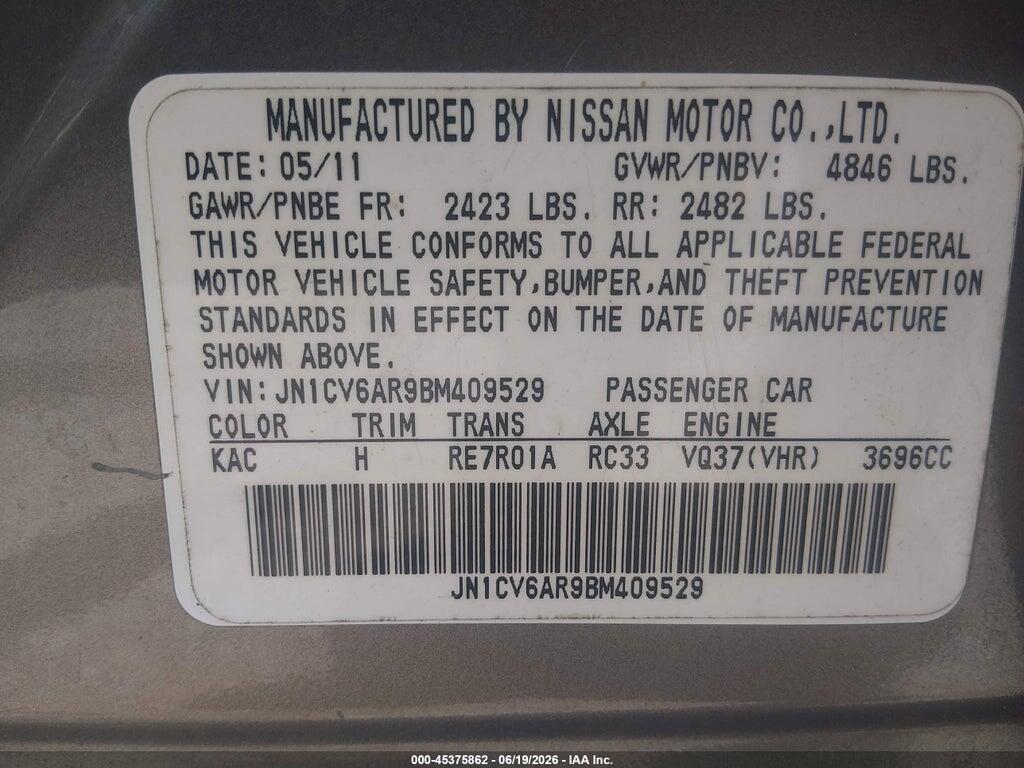 JN1CV6AR9BM409529 2011 INFINITI G37X photo no. 9