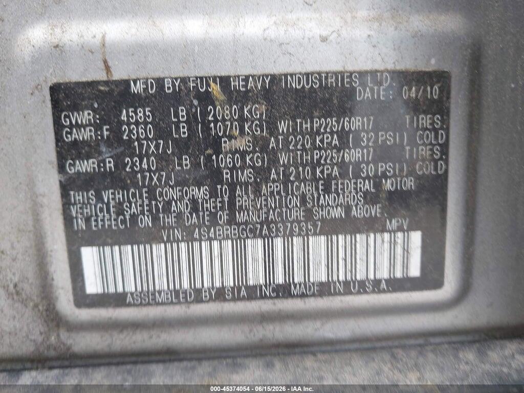 4S4BRBGC7A3379357 2010 SUBARU OUTBACK photo no. 9