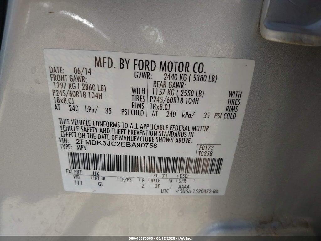 2FMDK3JC2EBA90758 2014 FORD EDGE photo no. 9